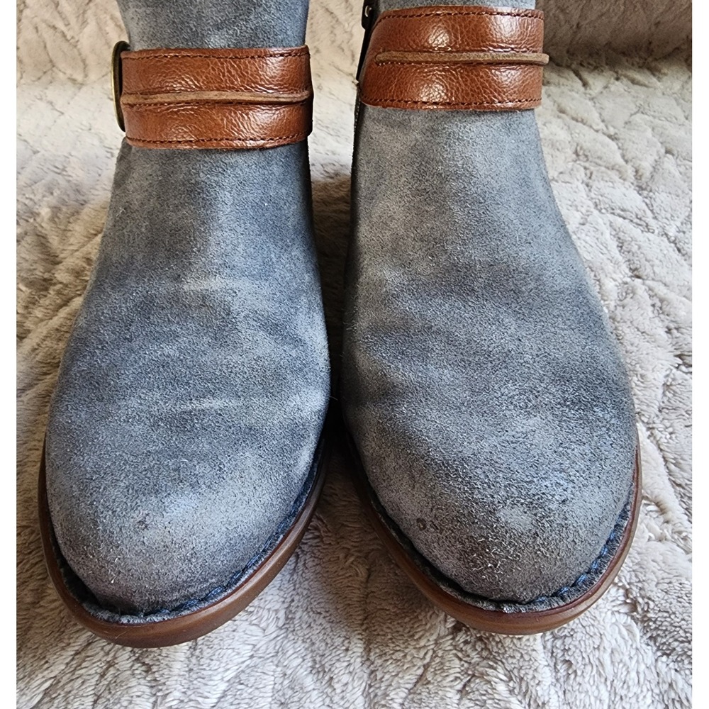 Born Kerri Blue Suede Brown Leather Buckle Ankle Boots Womens 7.5M - Picture 4 of 11